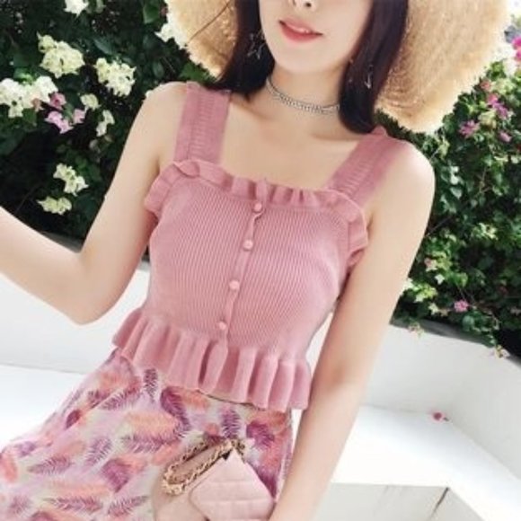 NWOT Pink Knit Ruffle Crop Top XS - Picture 1 of 13